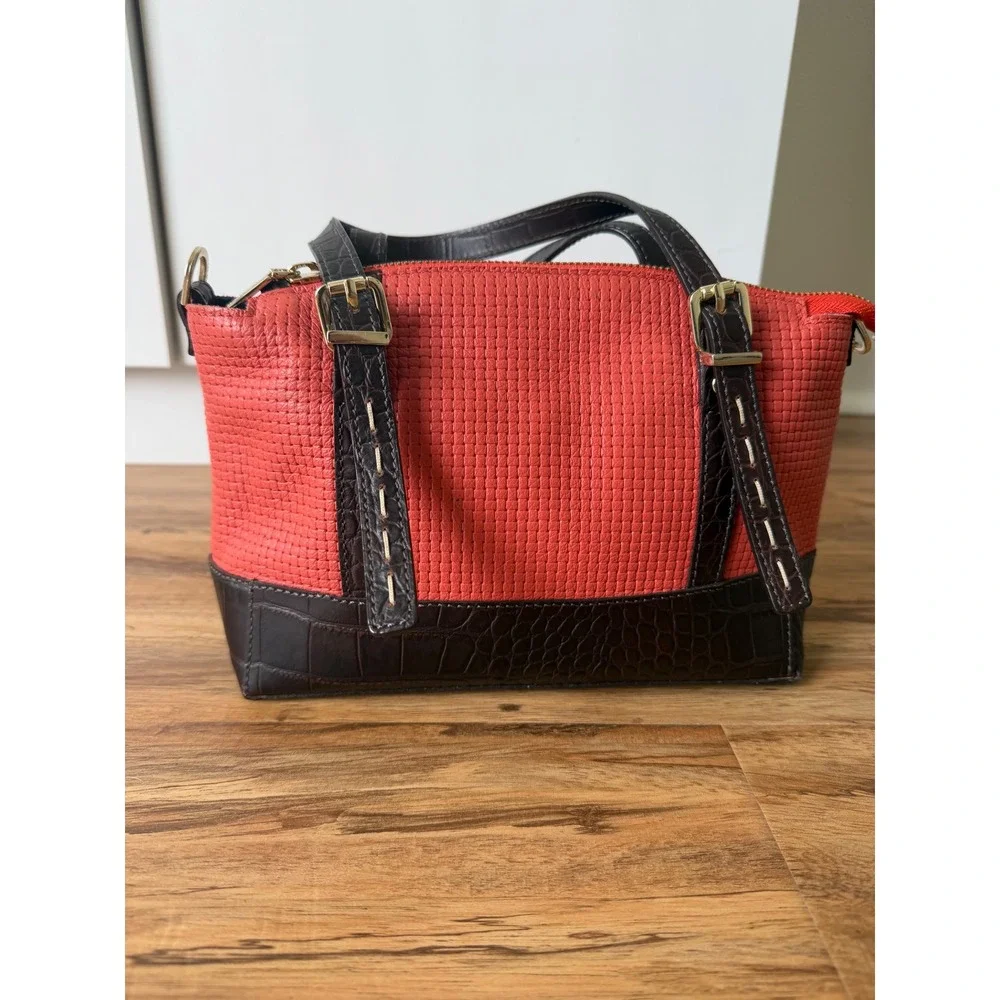 Ripani Italian Leather Handbag Red Woven Brown Croc Embossed Satchel Bag